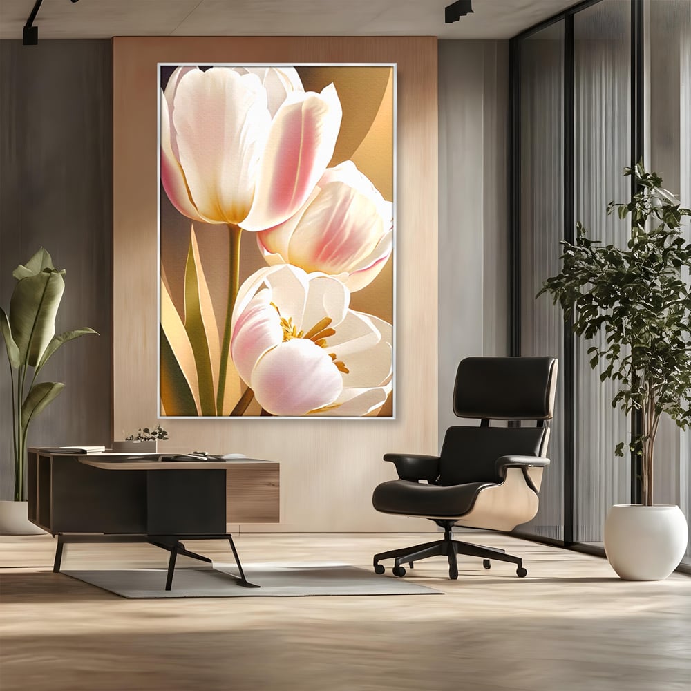 Tablou canvas cu tablou canvas cu trei lalele, in rama de aluminiu argintiu, pe perete intr-un birou